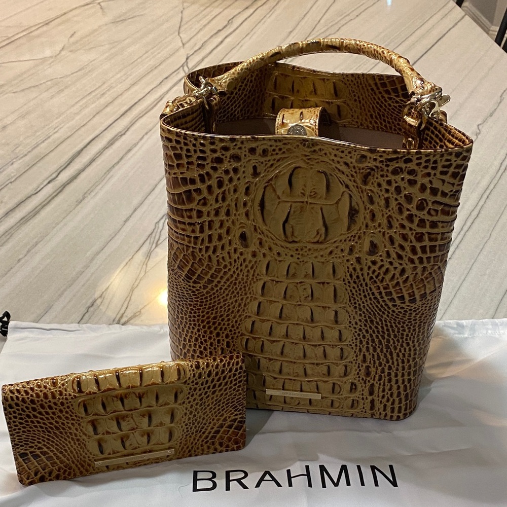 Brahmin Croc-Embossed Light Brown Satchel with Matching Wallet